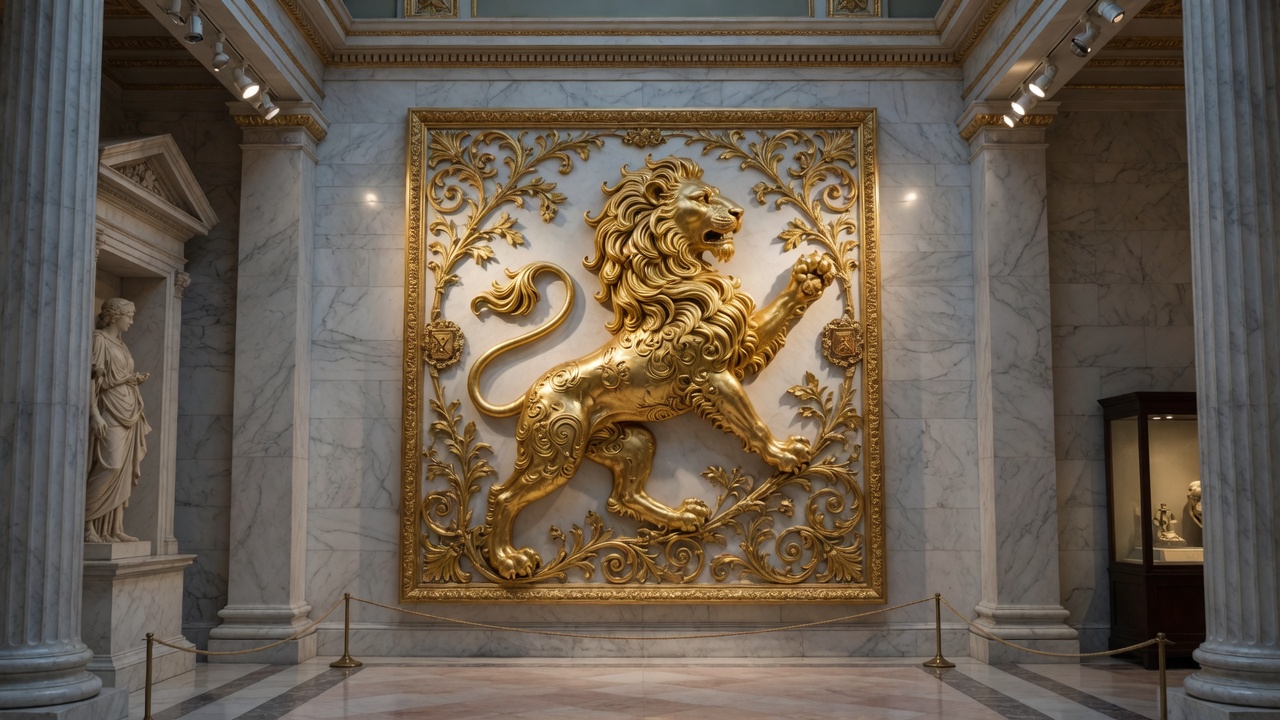 Marble colonnade and a classical statue flanking a gold lion relief, velvet ropes keeping the rest of the century at a polite distance.